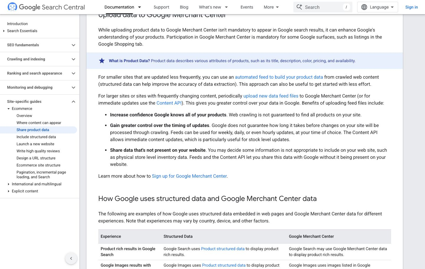 Google documentation comparing crawled and uploaded product data feeds
