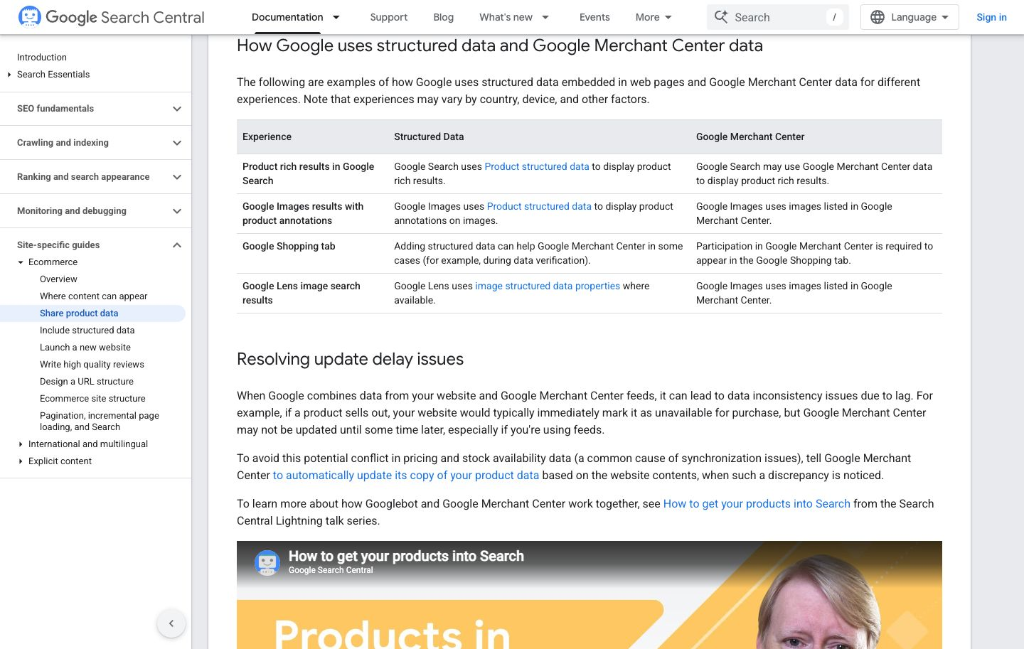 Google table mapping structured data and Merchant Center inputs to product surfaces, followed by its update-delay warning
