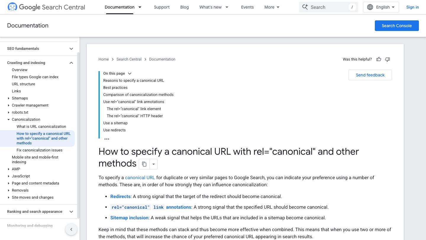 Google Search Central canonical URL guidance for duplicate or very similar pages