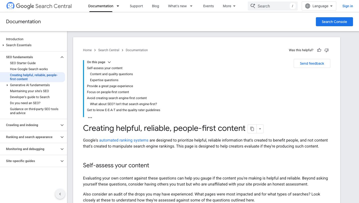 Google Search Central people-first content guidance for building a useful canonical resource