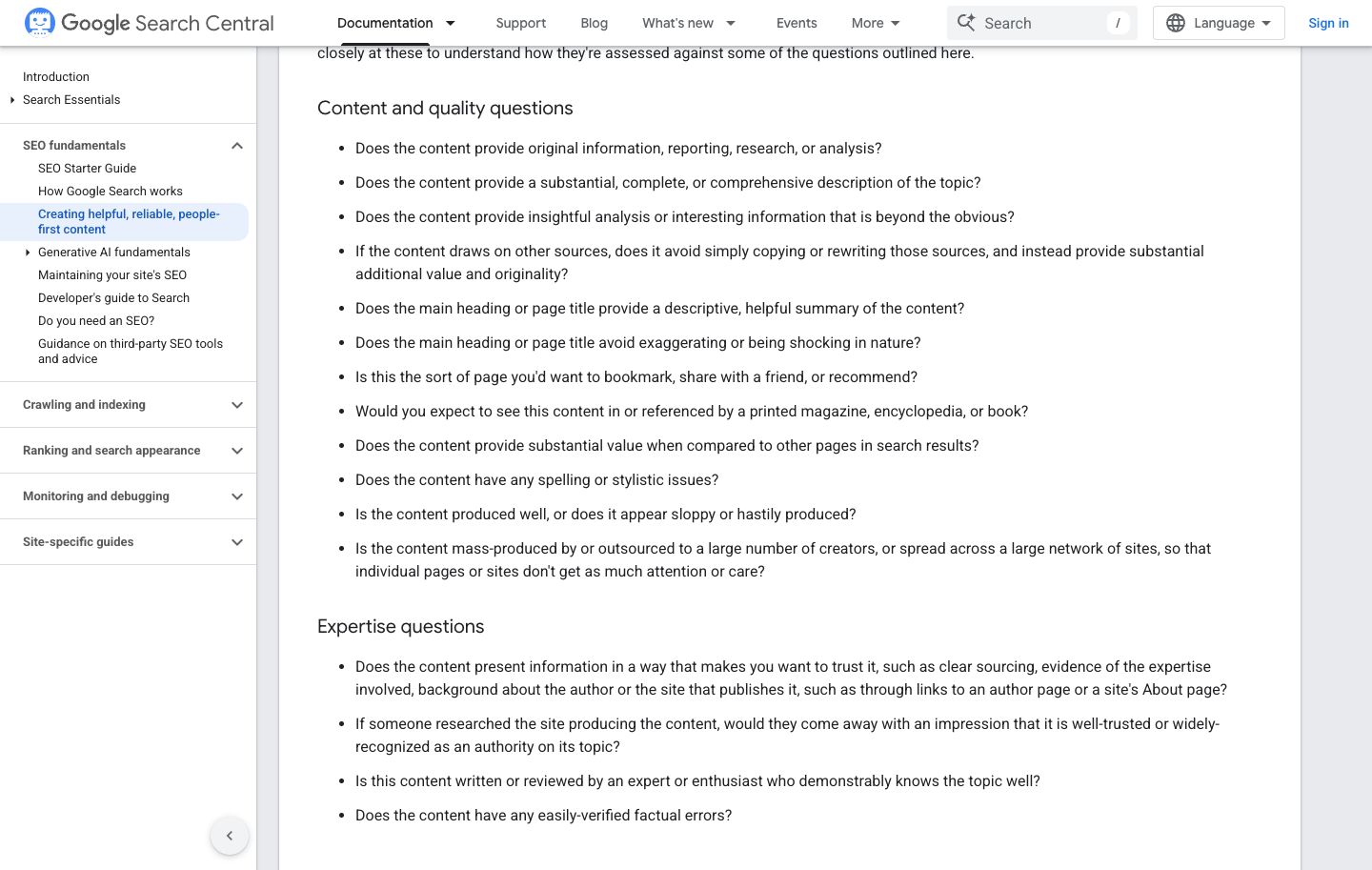 Google Search Central lists questions for evaluating content quality originality and expertise