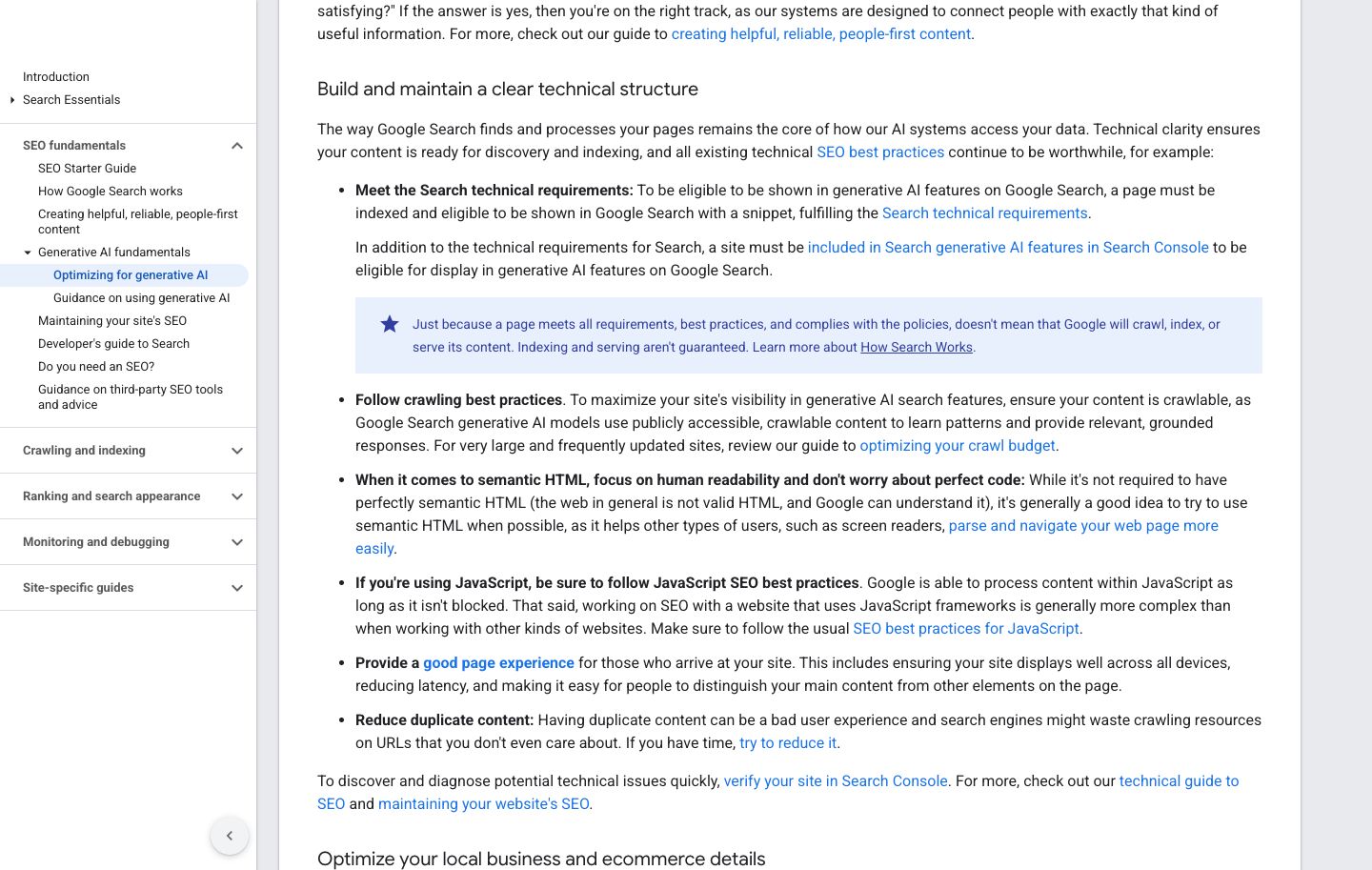Google guidance lists technical SEO practices that remain relevant to generative AI search features