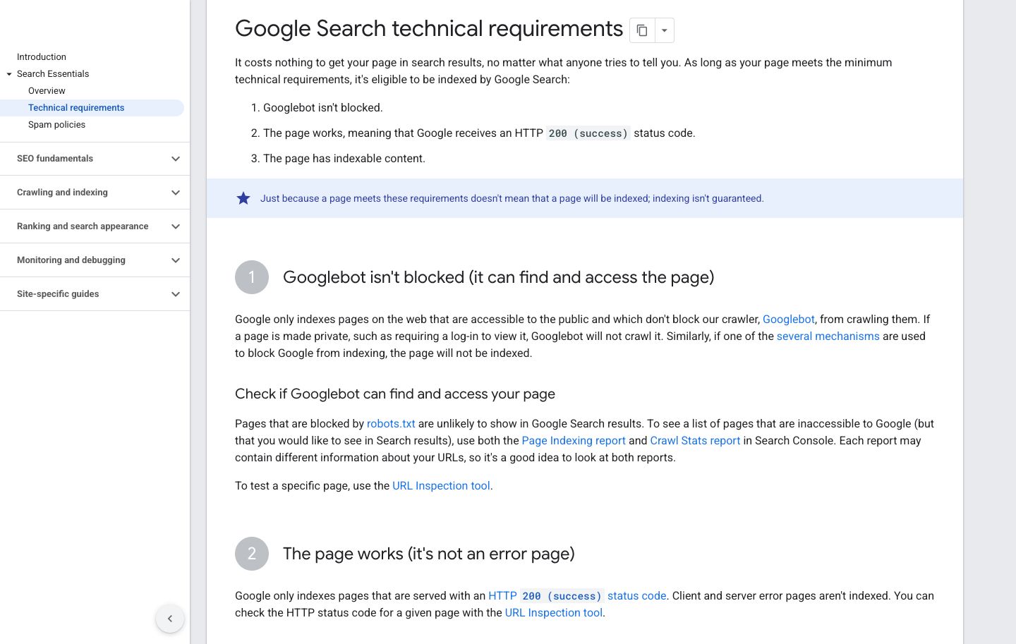 Google Search lists three minimum technical requirements: crawler access, HTTP 200, and indexable content