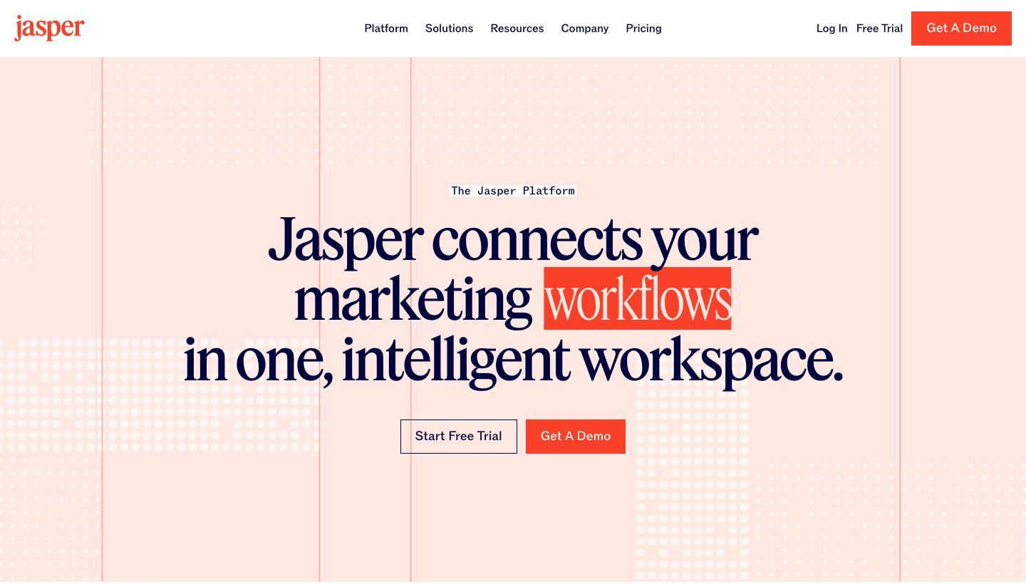 Jasper platform page presents one intelligent workspace for marketing workflows