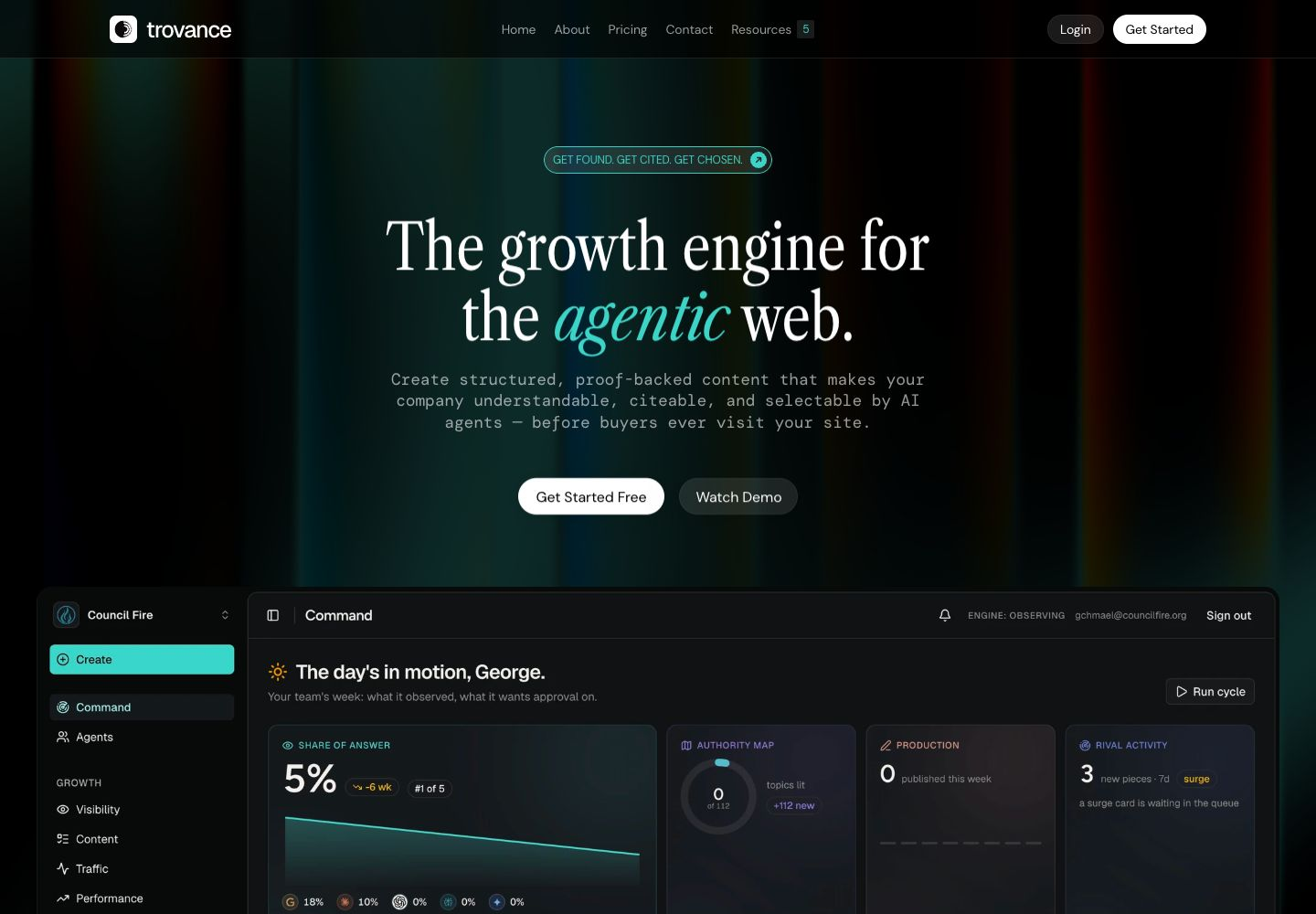 Trovance homepage shows its evidence production workflow for the agentic web